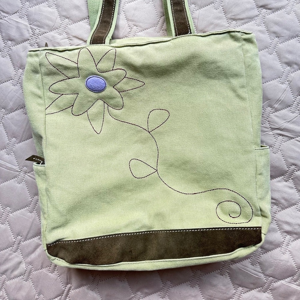 Vintage Sage Green Canvas Flower Tote Bag Brown Suede Trim Y2K Aesthetic - Picture 2 of 15